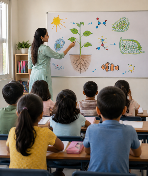 Teacher explaining mathematics concepts to primary school students at GRIV CLASSES