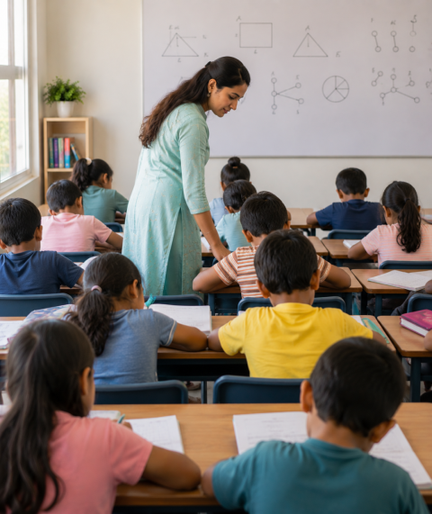 Teacher teaching mathematics and problem-solving skills to students at GRIV CLASSES